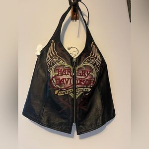 Womans Harley Davidson leather and embroidered halter top biker babe